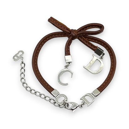 Christian Dior Ribbon CD Logo Brown Leather Bracelet with Silver-Tone Charms
