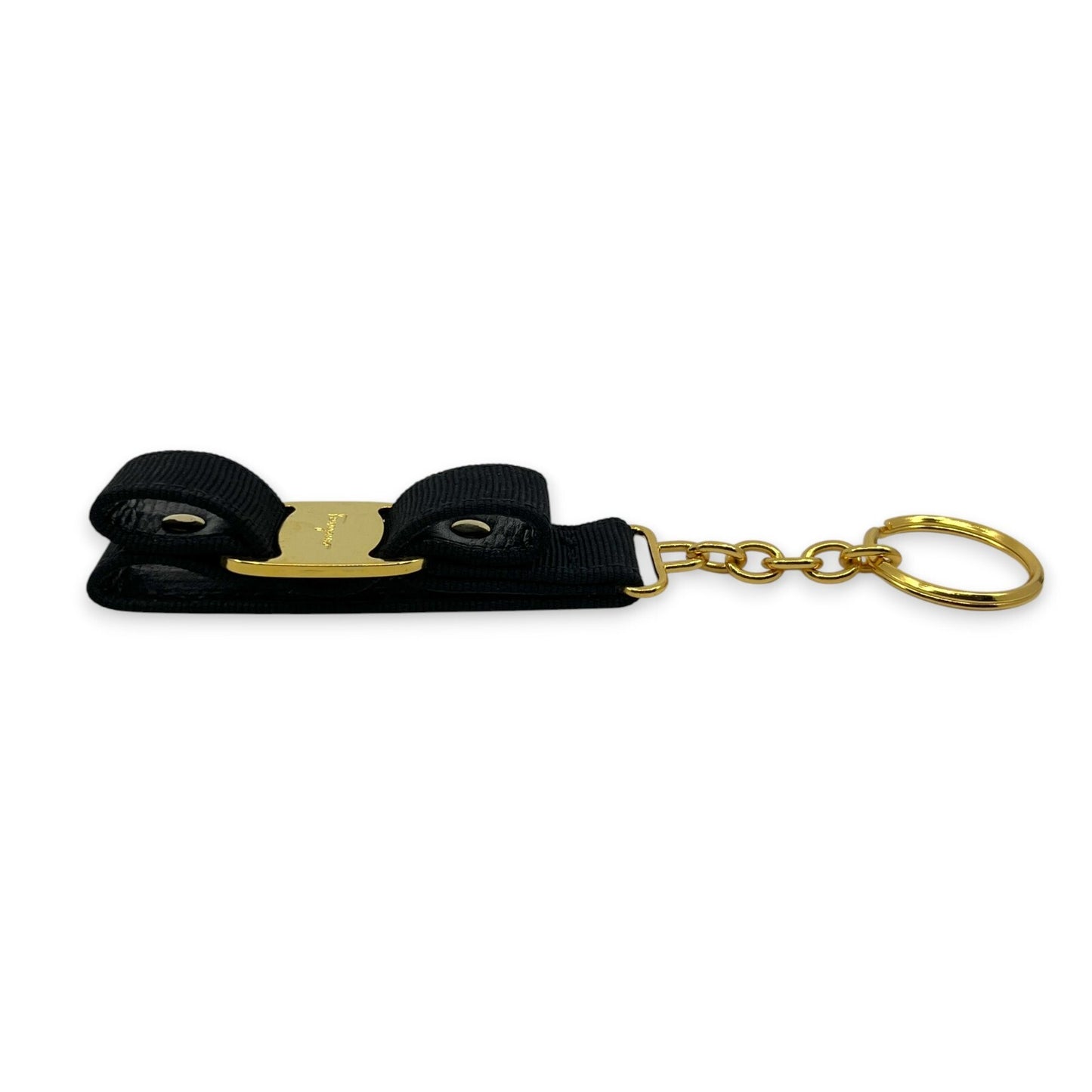 Salvatore Ferragamo Vara Black Gold Ribbon Keychain Charm Key ring with Box