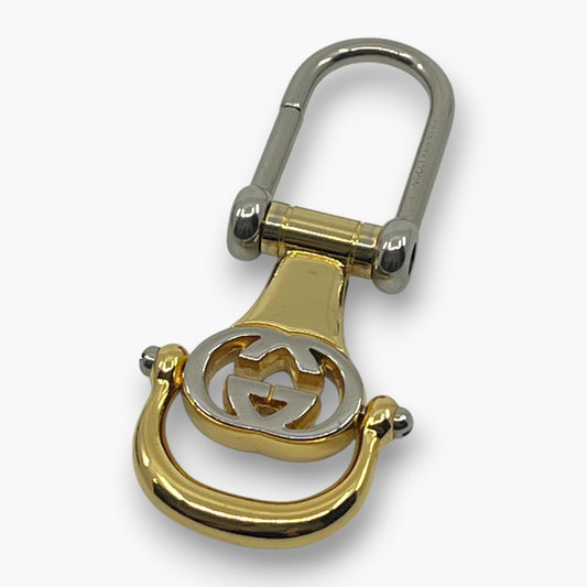 Gucci Interlocking GG Key Ring Gold Silver Tone Bag Charm with Box Auth