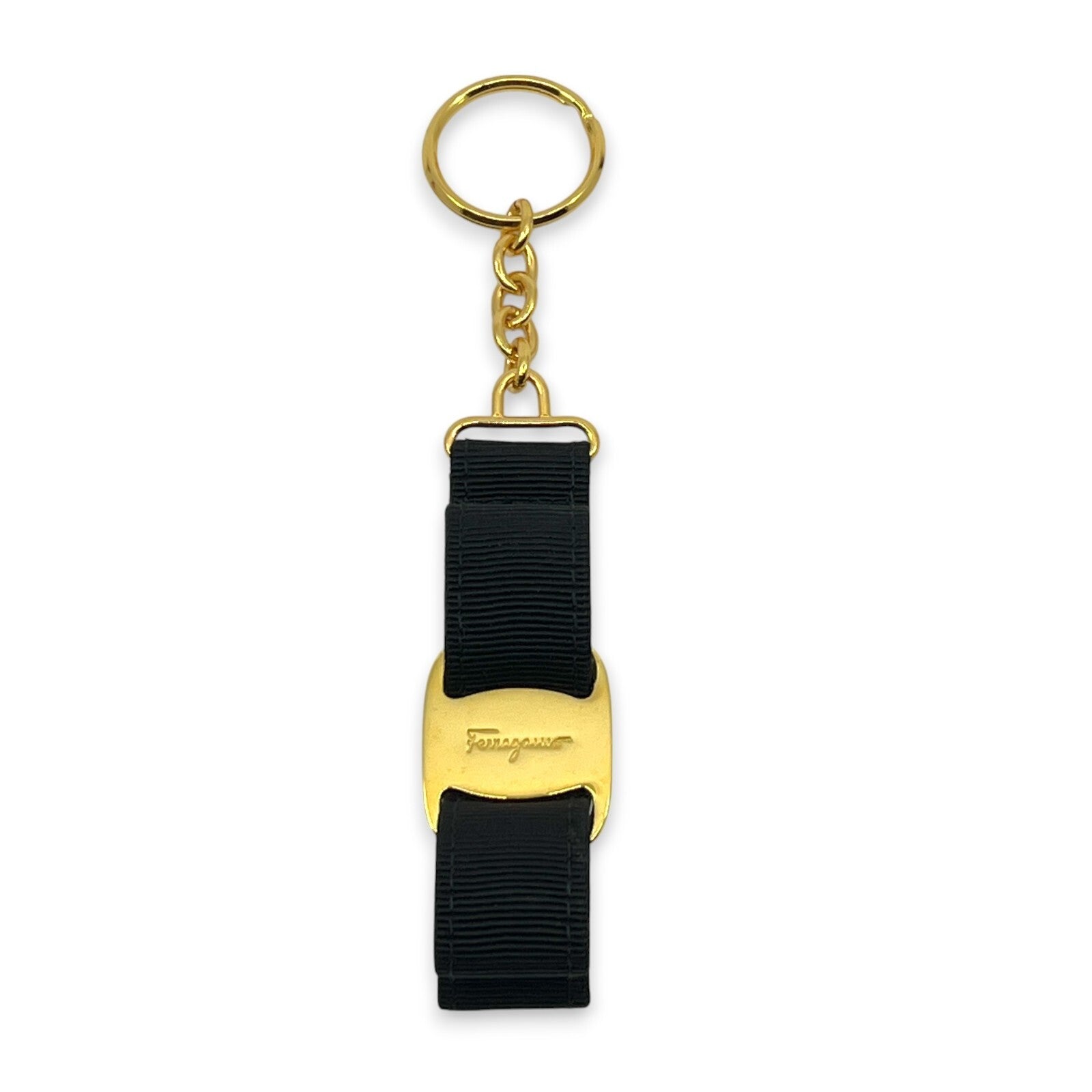 Salvatore Ferragamo Vara Black Gold Ribbon Keychain Charm Key ring with Box
