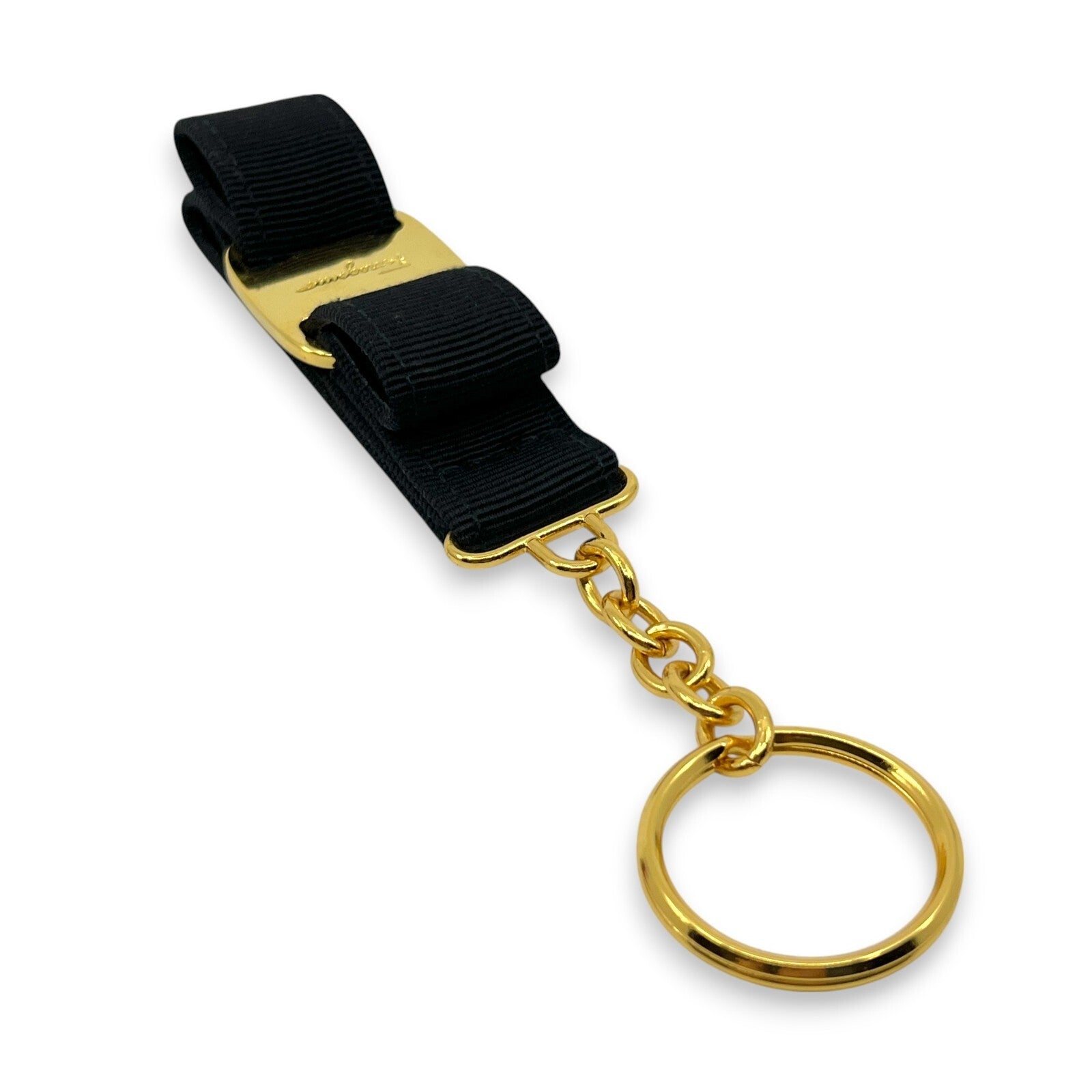 Salvatore Ferragamo Vara Black Gold Ribbon Keychain Charm Key ring with Box