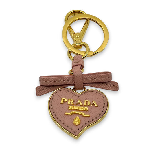 Prada Pink Saffiano Leather Heart Ribbon Key Ring Charm with Box Dust Bag