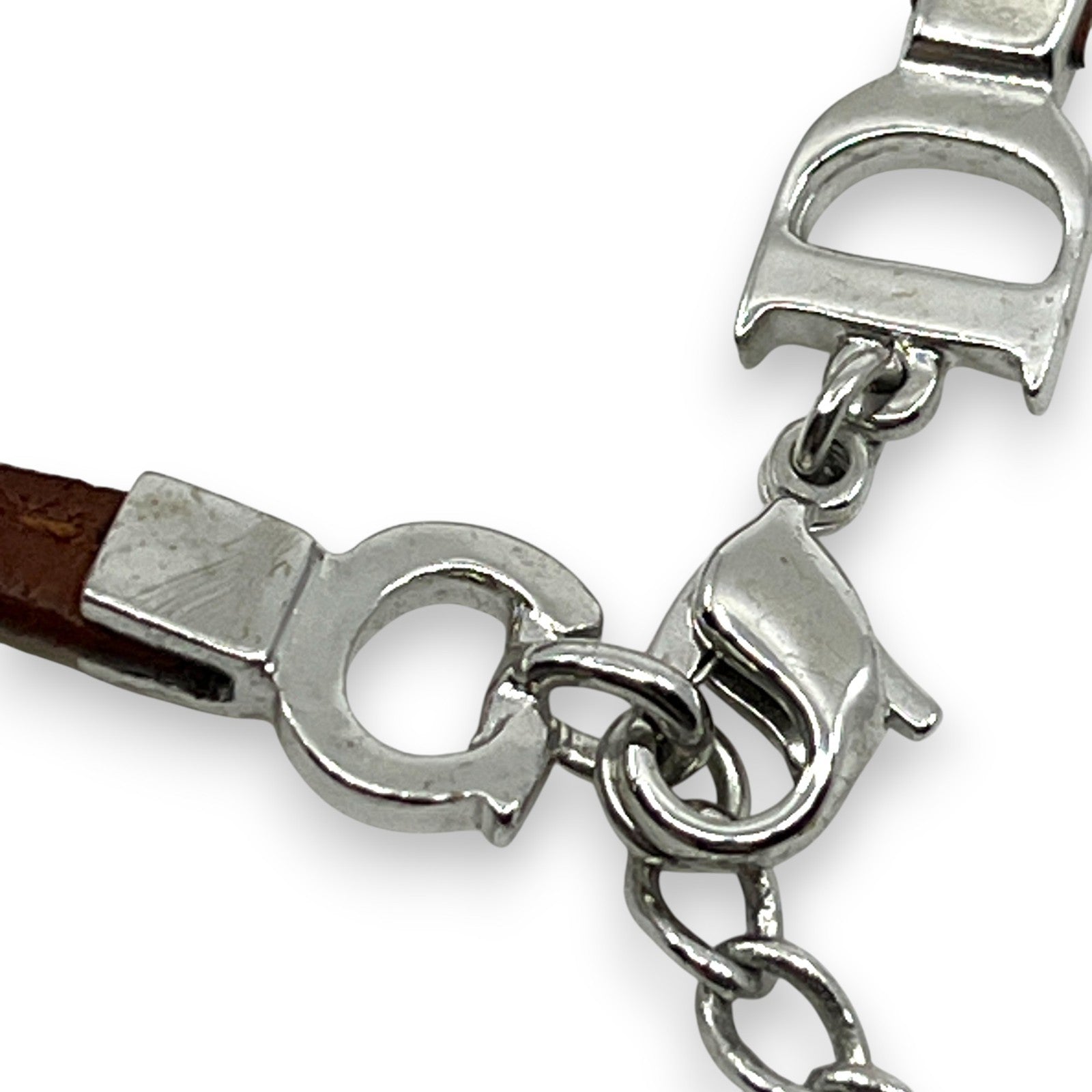 Christian Dior Ribbon CD Logo Brown Leather Bracelet with Silver-Tone Charms