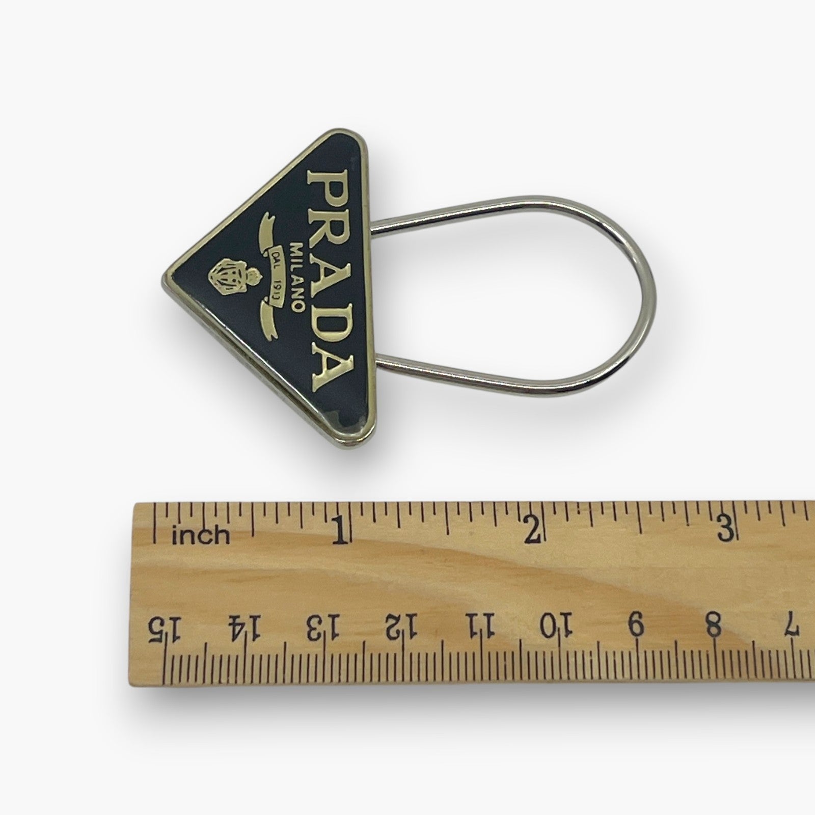 Prada Triangle Plate Logo Metal Bag Charm Keyring Keychain Black Silver M285