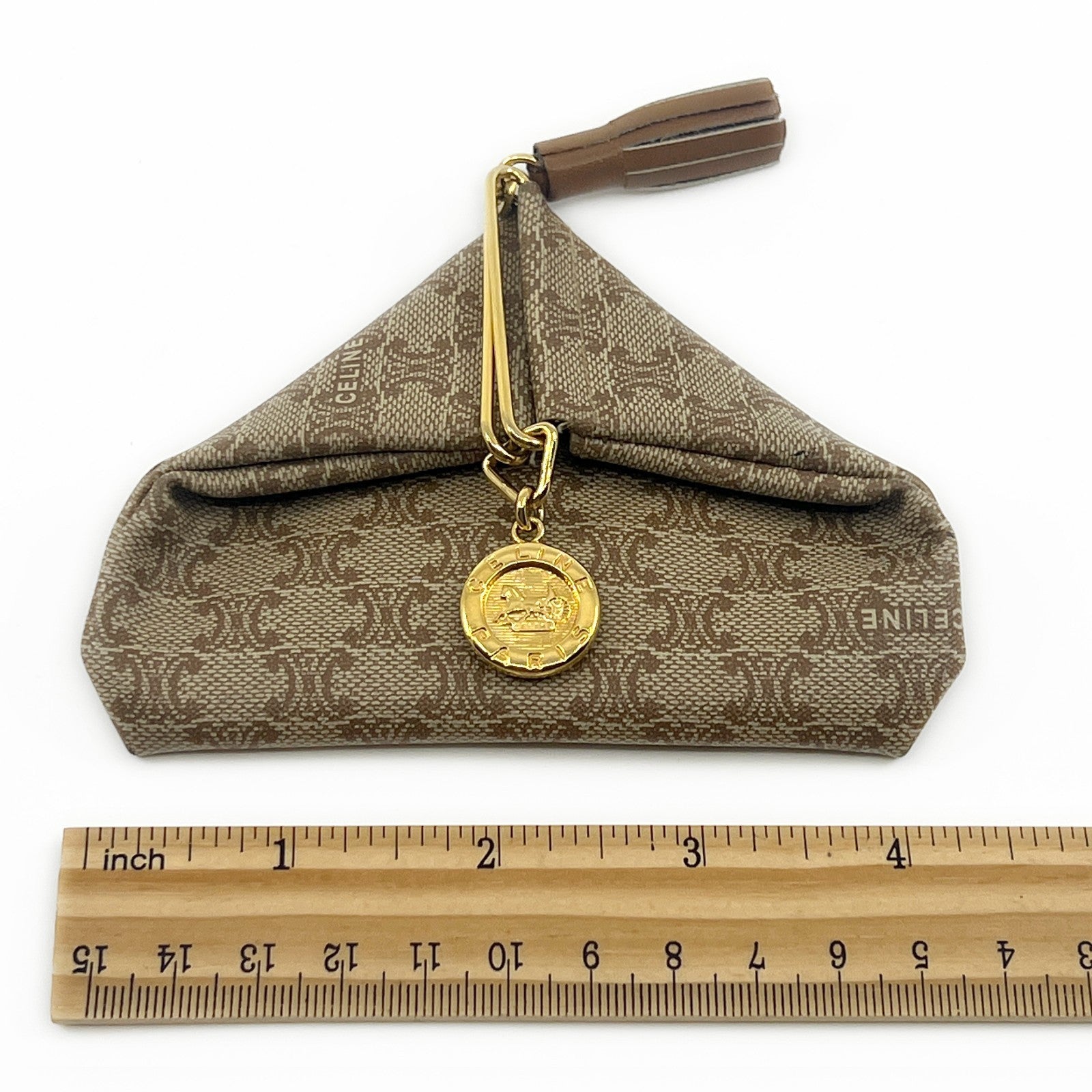 Celine Macadam Vintage Triangle Coin Purse Beige with Tassel Charm