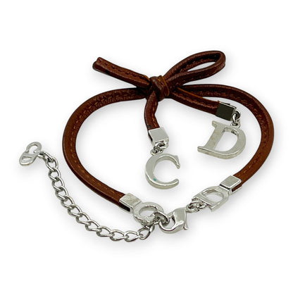 Christian Dior Ribbon CD Logo Brown Leather Bracelet with Silver-Tone Charms