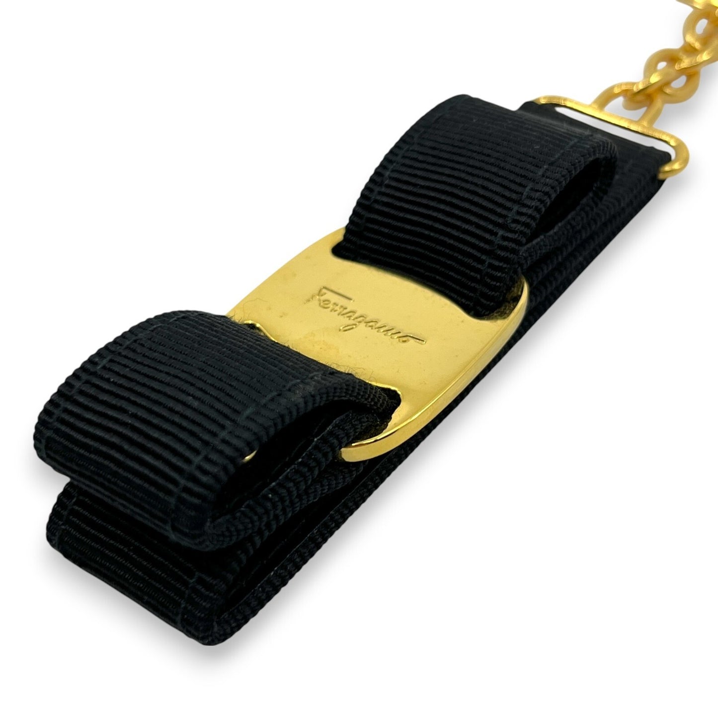 Salvatore Ferragamo Vara Black Gold Ribbon Keychain Charm Key ring with Box