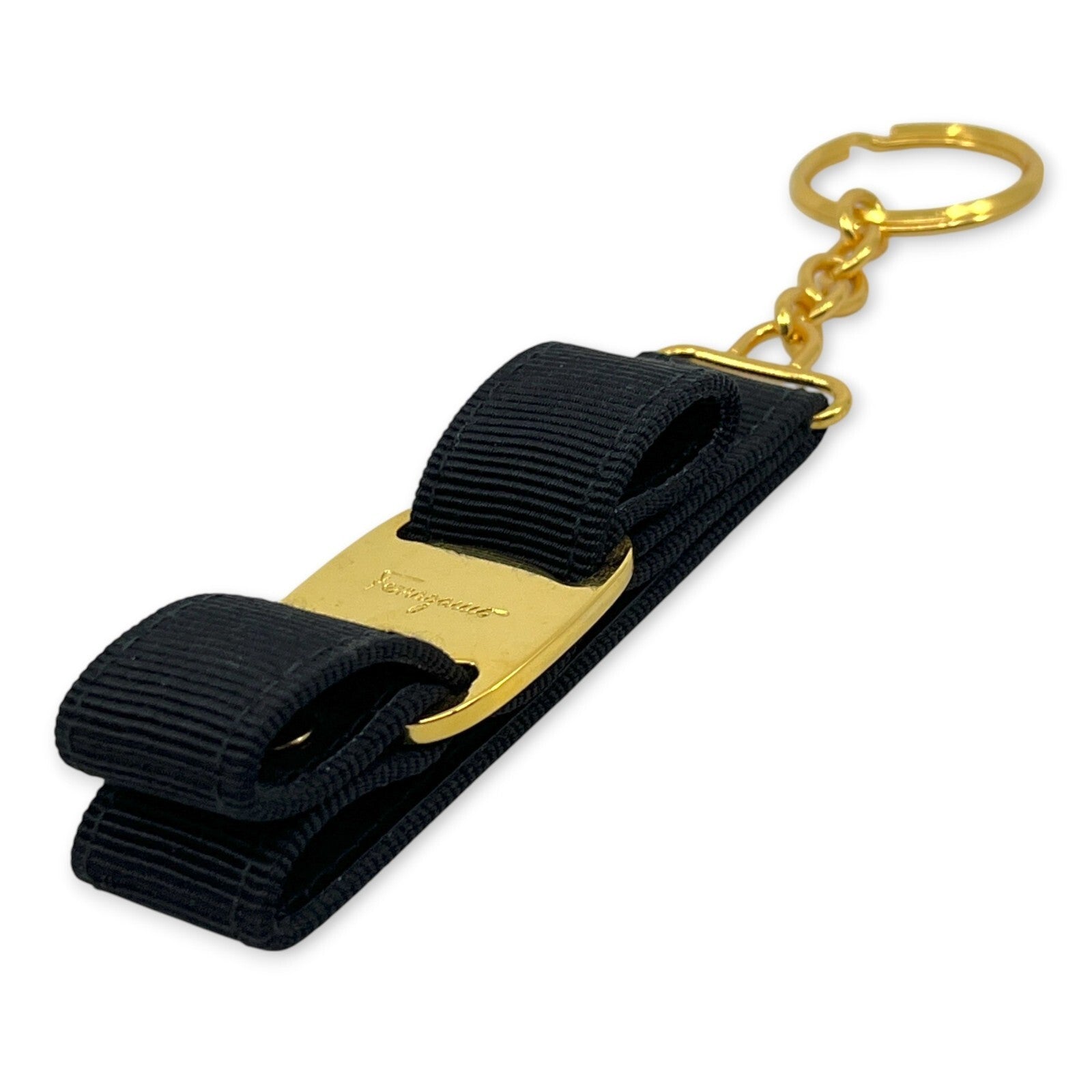Salvatore Ferragamo Vara Black Gold Ribbon Keychain Charm Key ring with Box