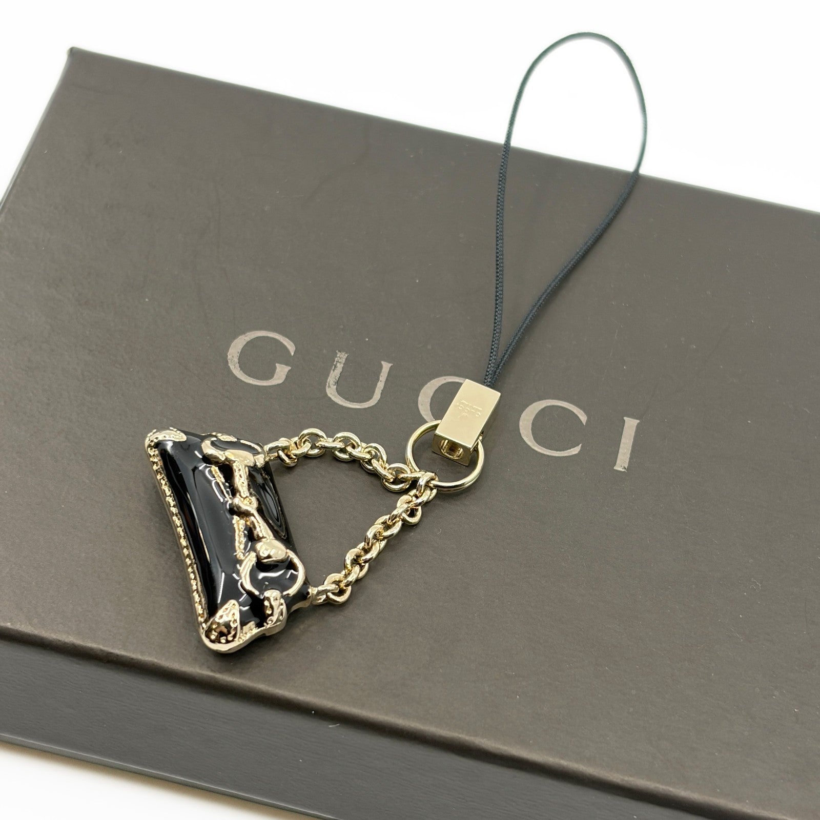 Gucci Horsebit Black Enamel Phone Strap Mini Charm with Box