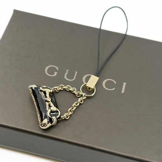 Gucci Horsebit Black Enamel Phone Strap Mini Charm with Box